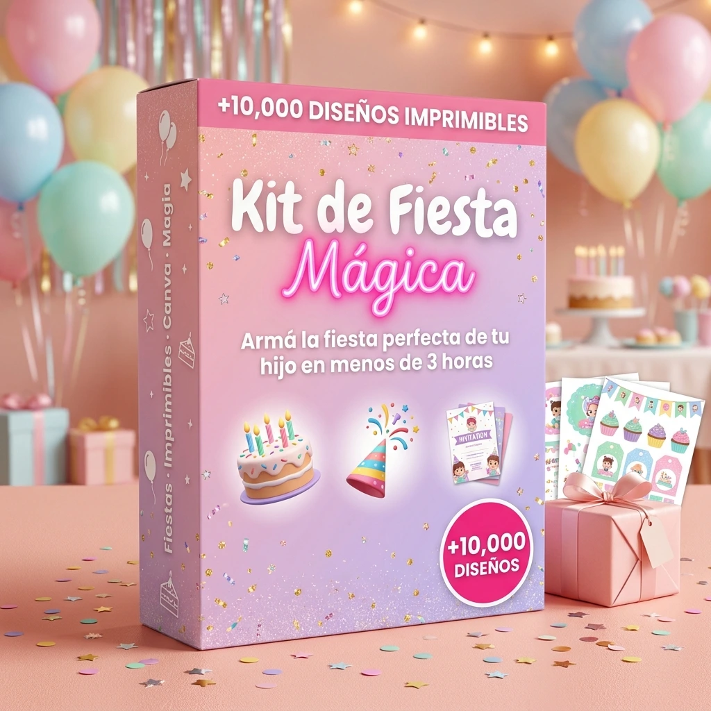 Contenido del Kit Mágico de Fiesta: invitaciones, toppers, banderines y más