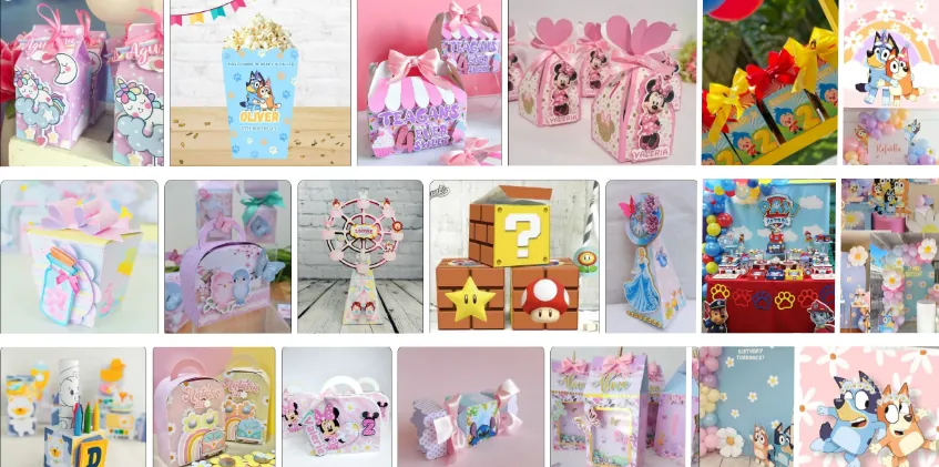 Muestra de diseños del kit: cajitas, toppers y decoraciones de Bluey, Minnie, Mario, princesas y más